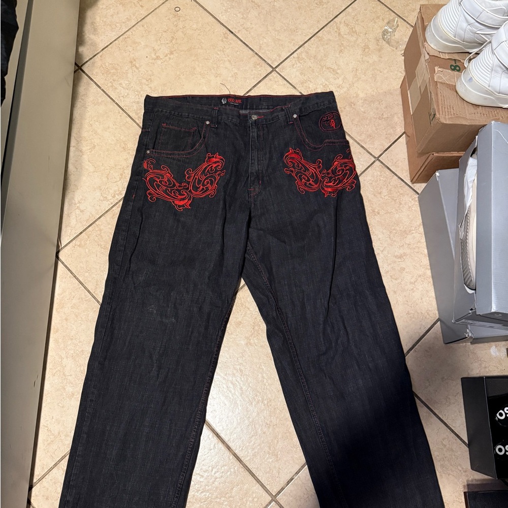 Men's Black Corduroy Pants with Red Embroidery